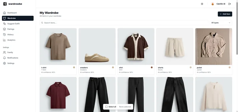 Wardrobe grid with AI-tagged items and confidence scores