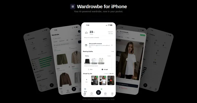 Wardrowbe iOS app screenshots showing AI wardrobe management on iPhone