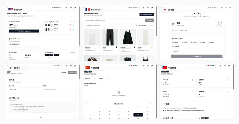 Wardrowbe wardrobe app shown in six languages — English, French, Japanese, Korean, Chinese Simplified, and Chinese Traditional