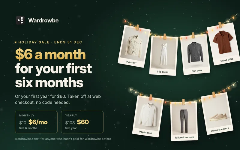 Wardrowbe holiday sale poster: $6 a month for your first six months or $60 for the first year, with wardrobe pieces clipped to a string of fairy lights