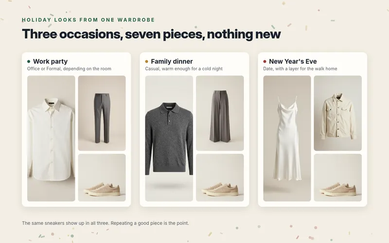 Three holiday outfits built from seven wardrobe pieces: a poplin shirt and tailored trousers for a work party, a knit polo and wide trousers for family dinner, a satin slip dress with an overshirt for New Year's Eve, all with the same suede sneakers