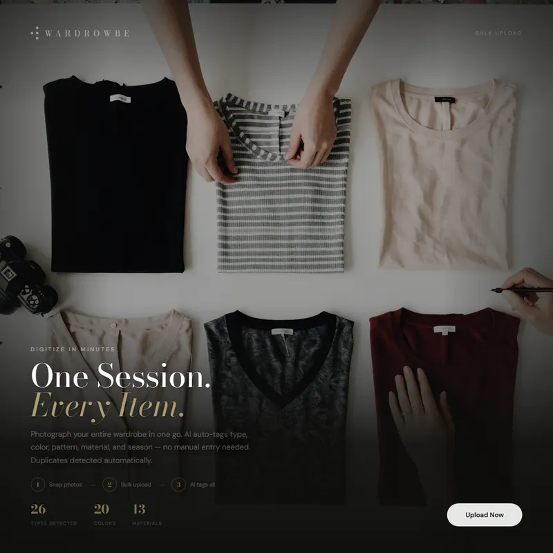 Person photographing clothing items to build a digital wardrobe catalog