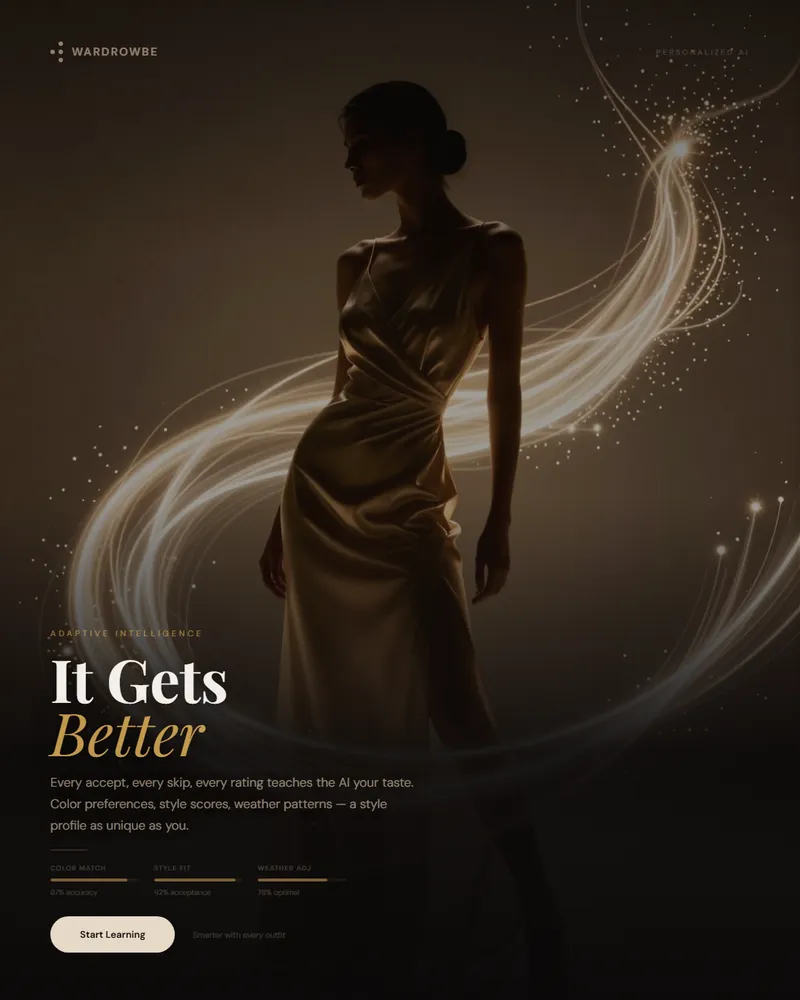 Elegant silhouette with flowing light trails representing AI learning and style adaptation