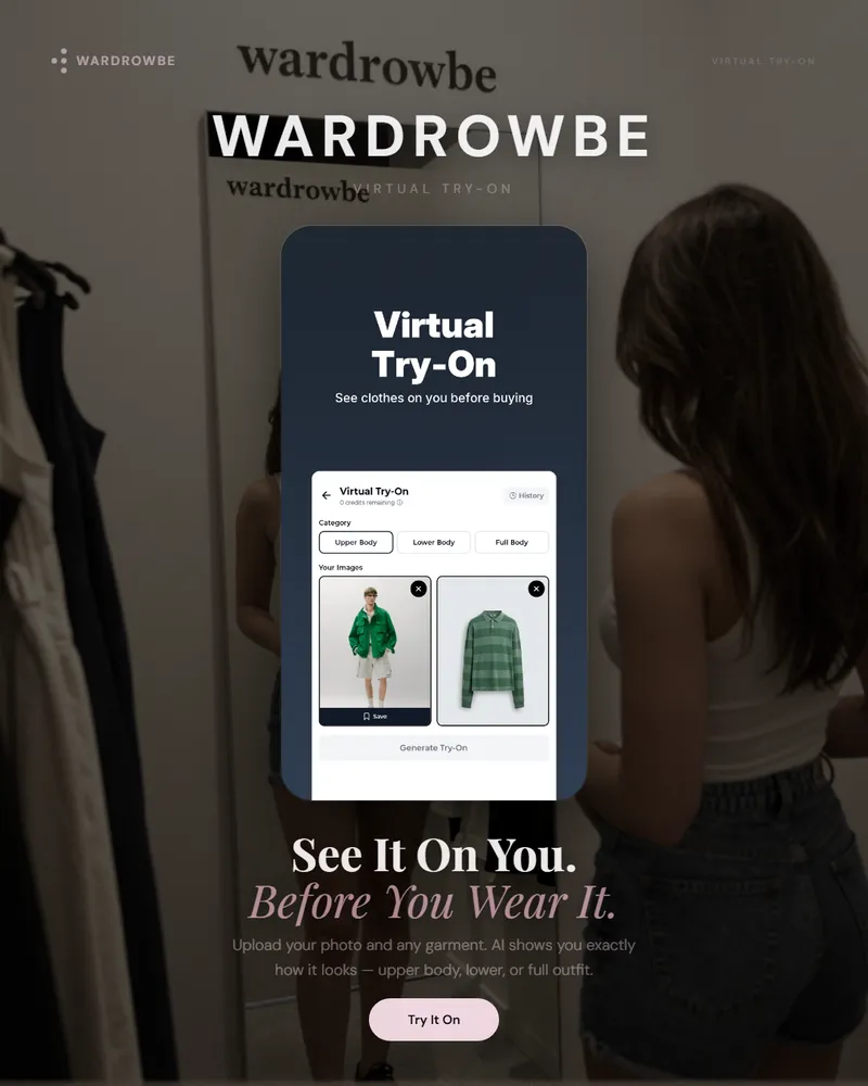 Virtual try-on interface showing outfit preview on a user photo before wearing