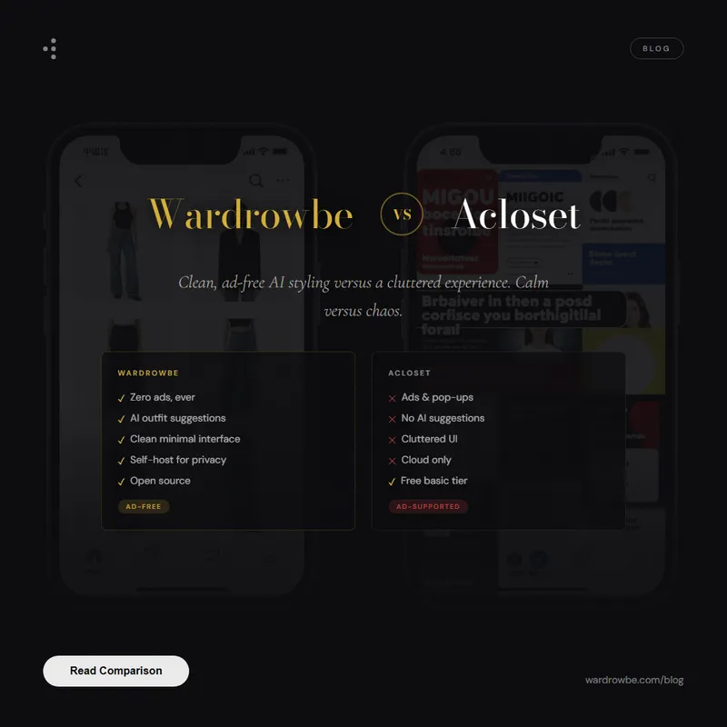 Wardrobe app comparison highlighting AI outfit suggestions and ad-free experience