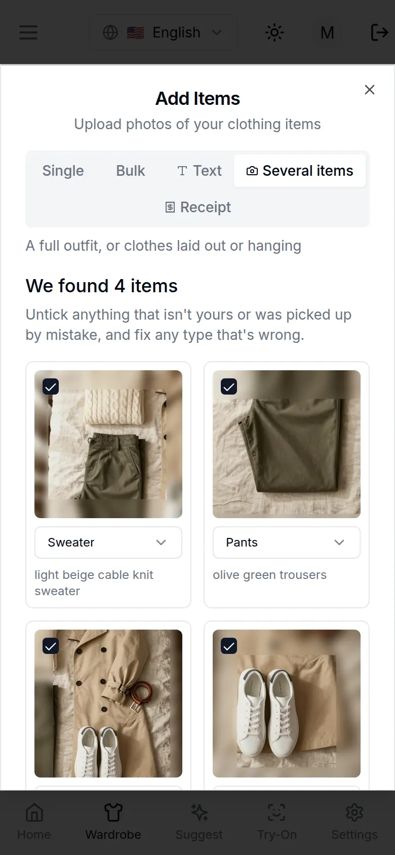 Capture review listing the garments found in one photo
