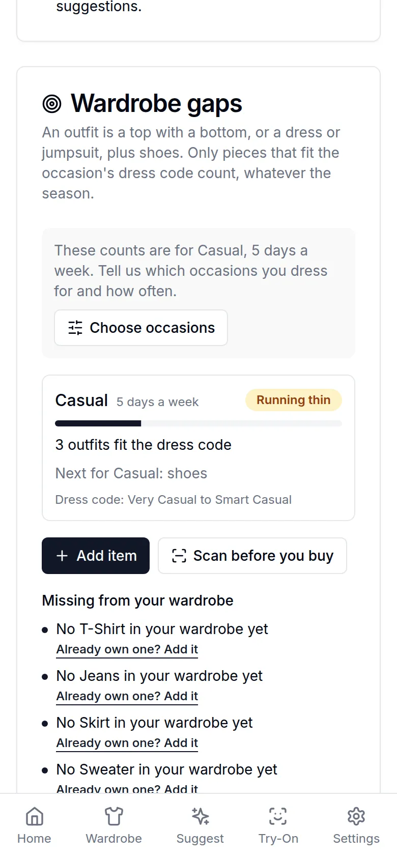 Gap report with outfit counts for each occasion