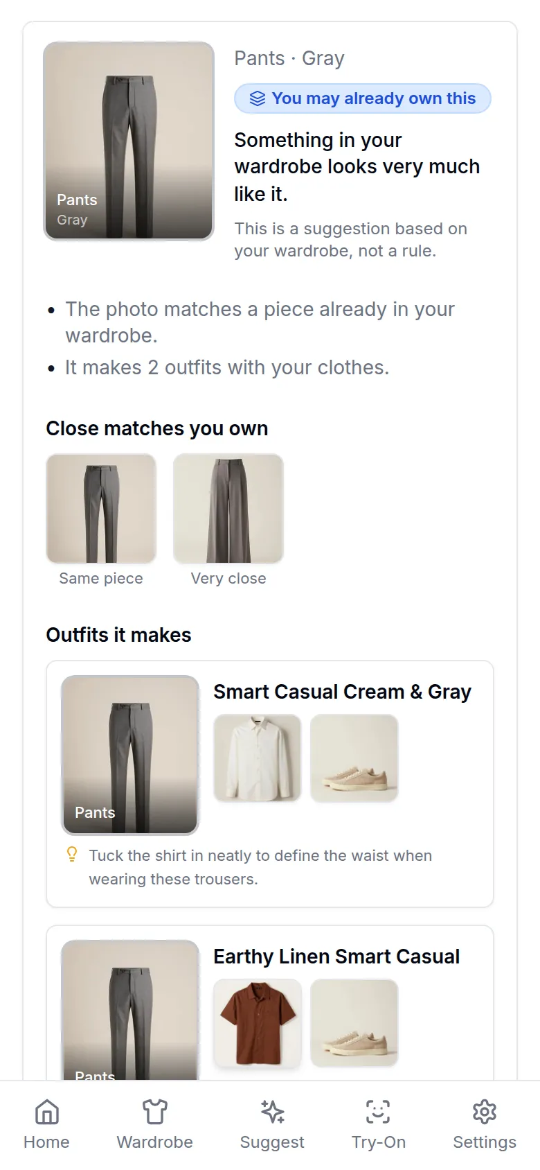 Scan verdict for an overshirt, with close matches and outfits
