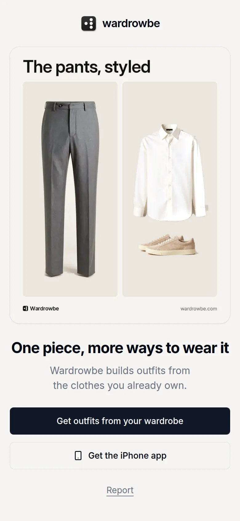 Shared look card with the outfits a pair of grey trousers makes