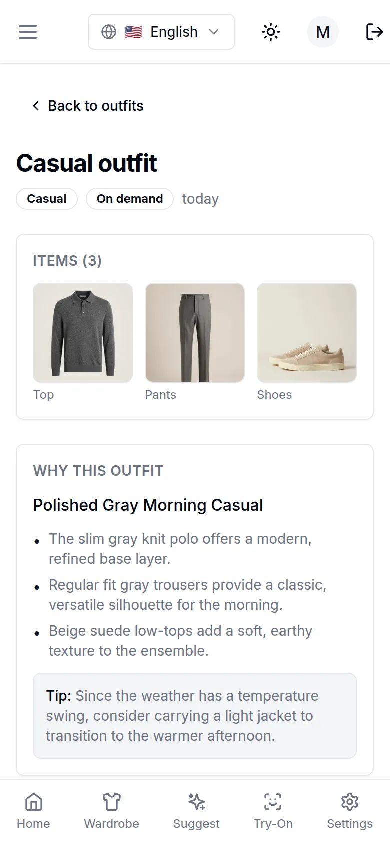 An outfit suggestion built from the wardrobe, with the weather