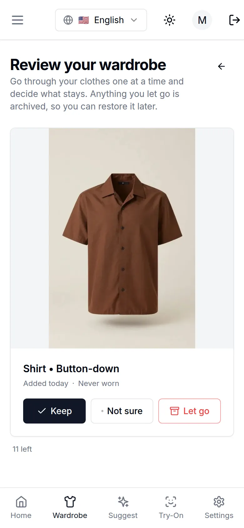 Wardrobe review showing one item with Keep, Not sure and Let go